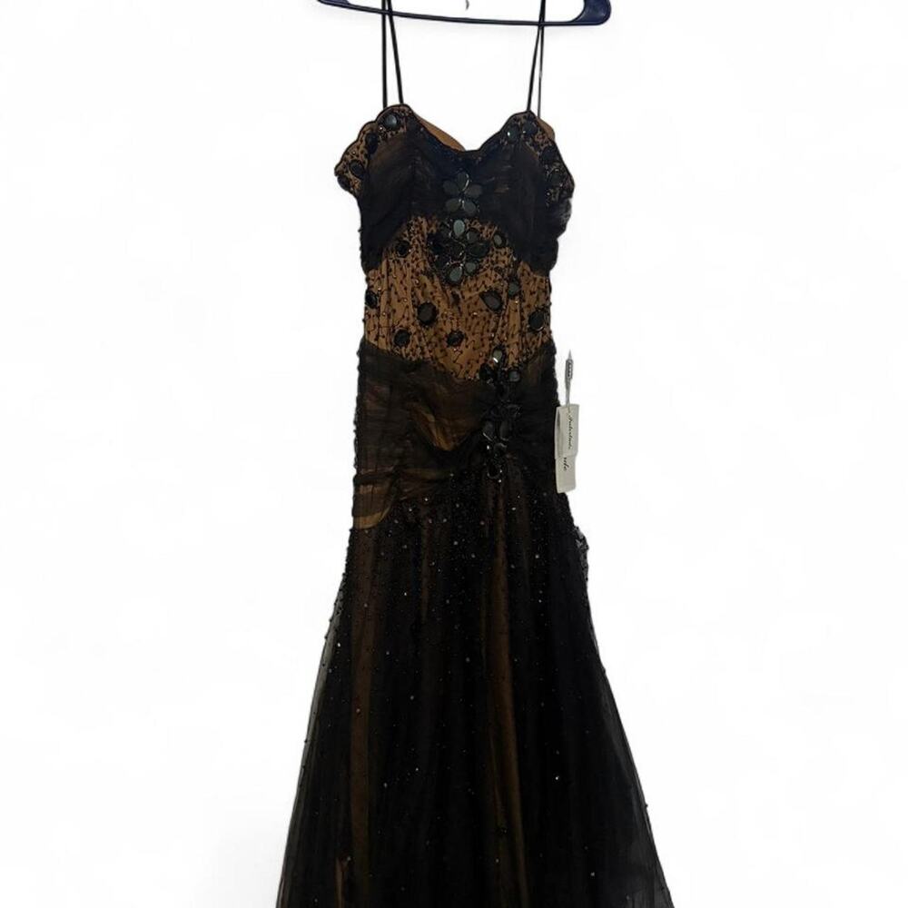 Y2K deadstock NWT Black and brown beaded dress with floral appliqués prom evenin